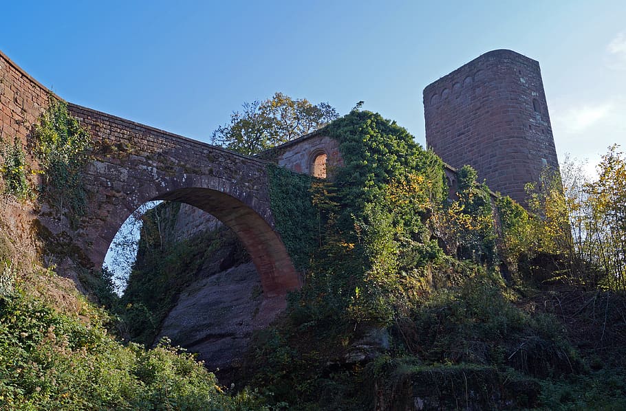 castle, ruin, france, bridge, ruin of the hunebourg, alsace, HD wallpaper