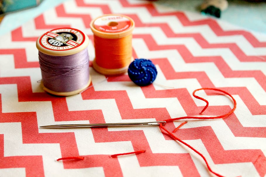two thread spools near white knitting pin, sewing, needlework, HD wallpaper