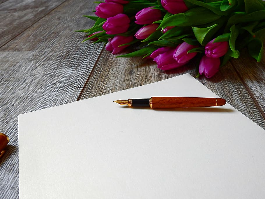 red fountain pen near bouquet of pink tulips, letters, paper, HD wallpaper
