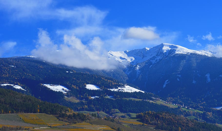 mountains, alpine, snow, clouds, mountain landscape, south tyrol, HD wallpaper