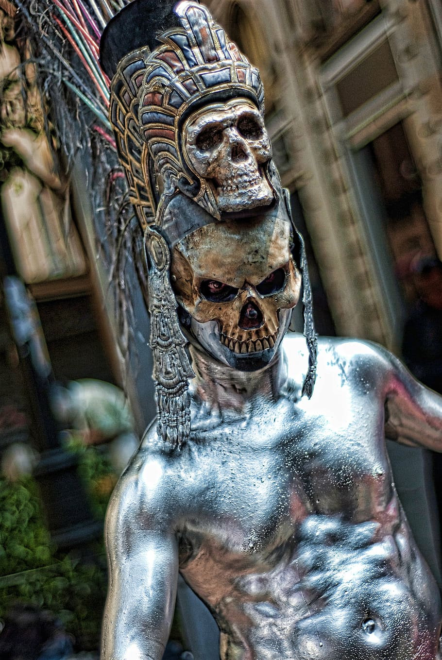 man wearing skull mask and head dress, makeup, art, performance HD wallpaper