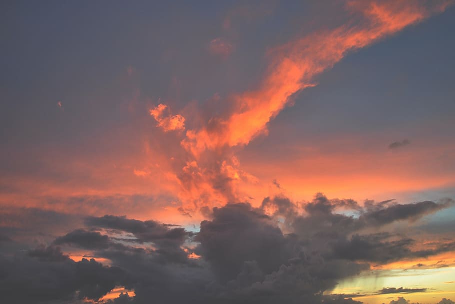 photography of gray, orange, and white cloudy sky, sunset, dusk HD wallpaper