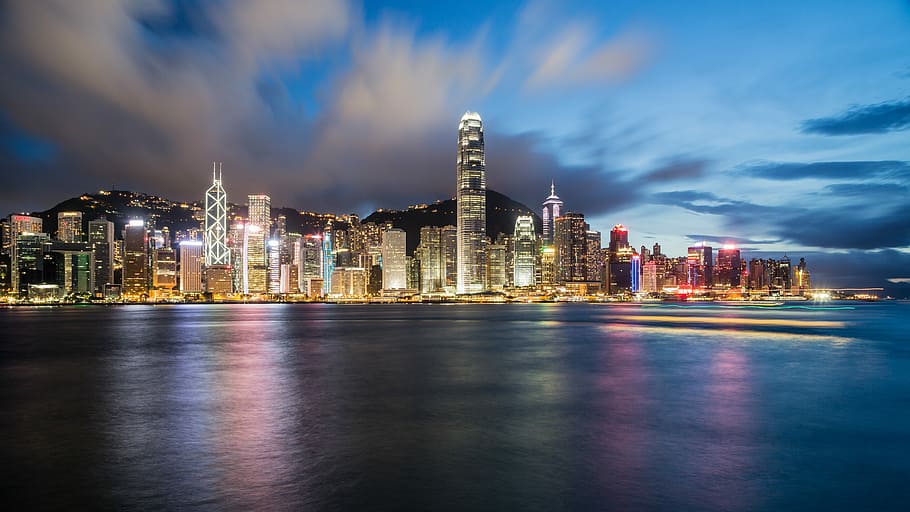 photo of cityscape during nighttime, lighten city buildings, skyscraper HD wallpaper