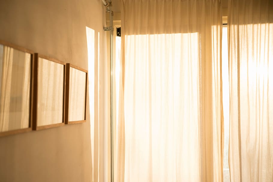 room with white window curtains, white window curtains, home HD wallpaper