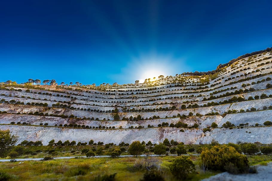 delf, quarry, sunset, sky, outdoors, sunlight, scene, blue HD wallpaper