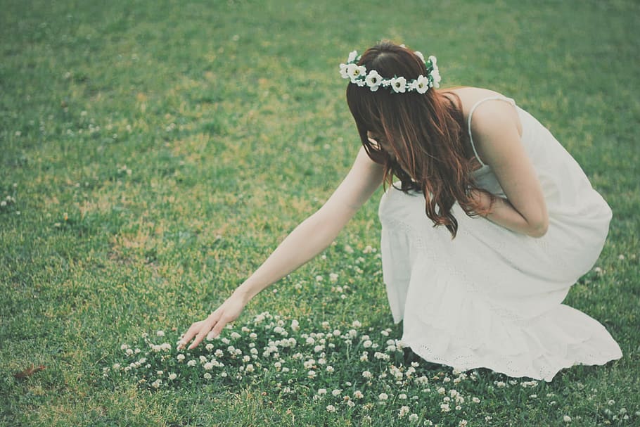 woman in white gown picking flower on greenfield, outdoors, women HD wallpaper