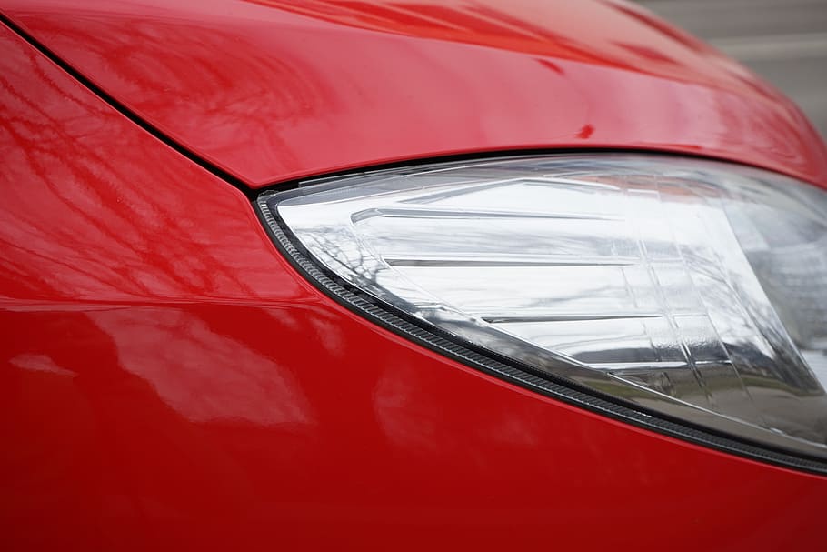 spotlight, car headlights, red, front headlight, car paint HD wallpaper