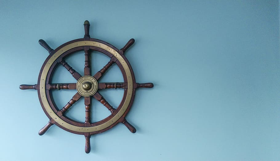 brown shipping steering wheel wall decor, blue, twist, sea, management