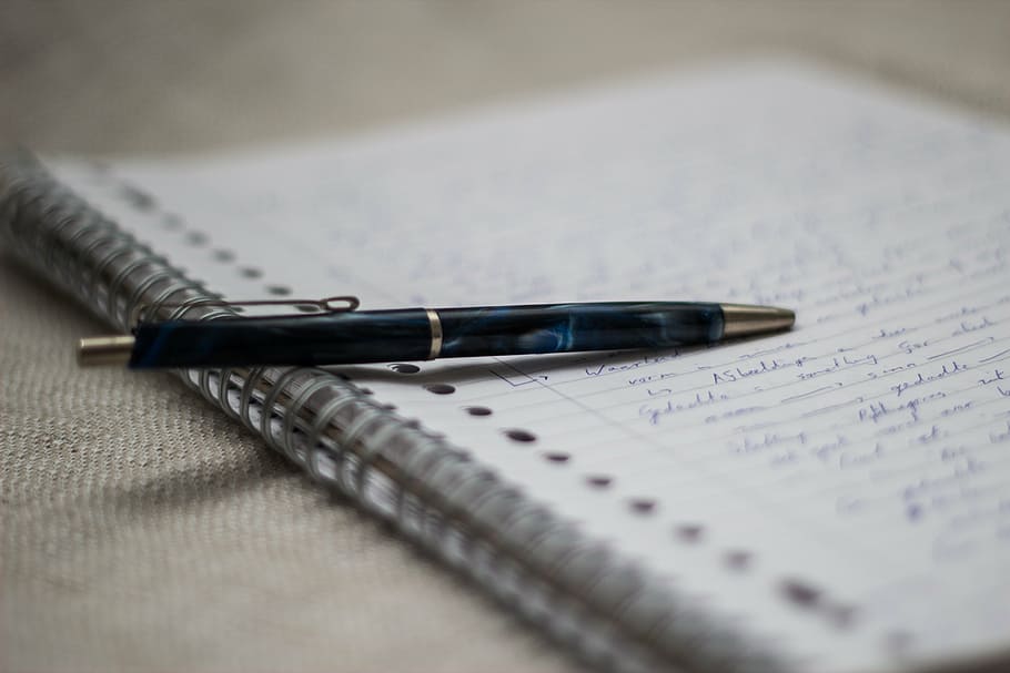 black retractable pen on spiral notebook, to write, notes, page HD wallpaper