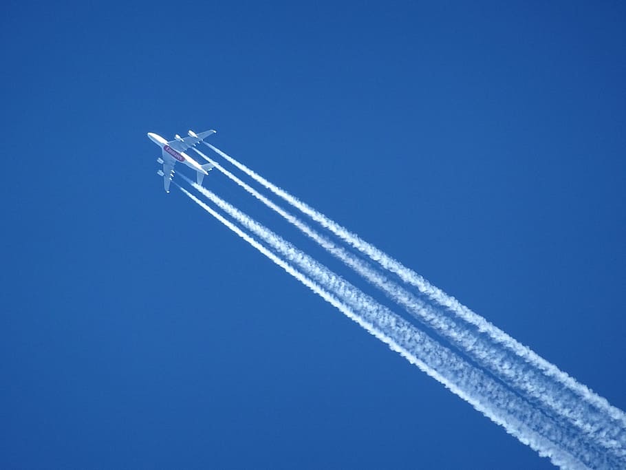 white airplane on air, Aircraft, Contrail, Sky, Blue, Clear, flight