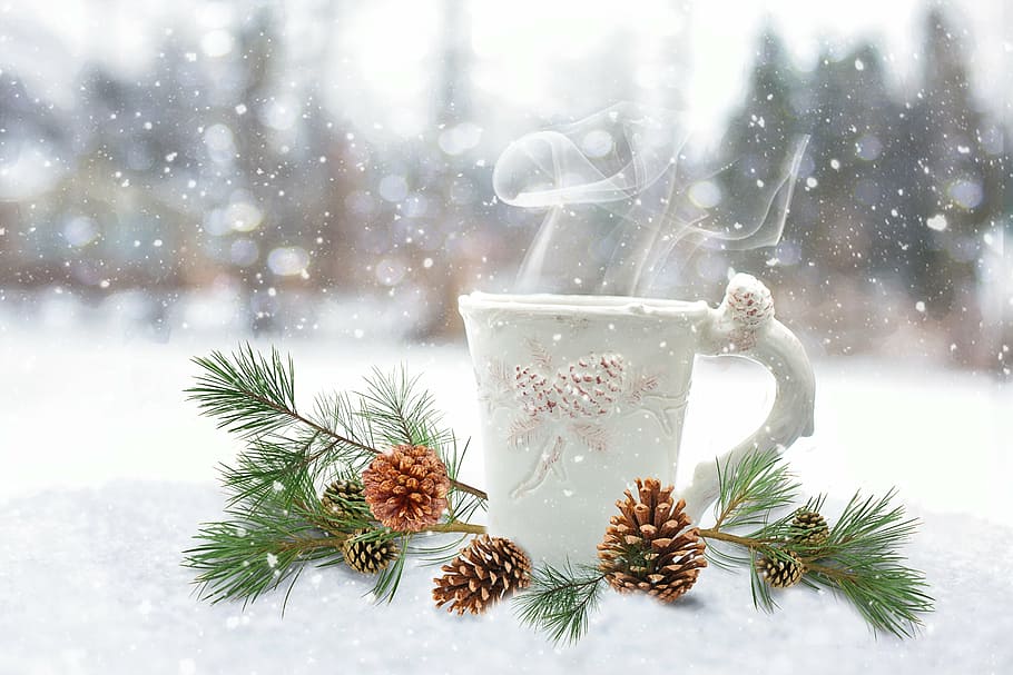 white ceramic mug, coffee, winter, drink, coffee mug, beverage, HD wallpaper