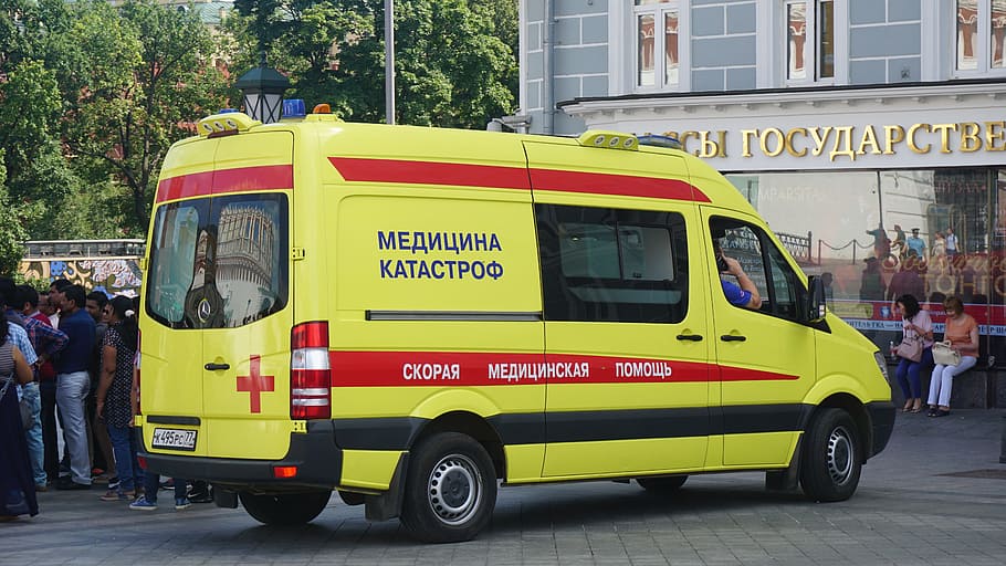 yellow and red ambulance van parked on the road, car, medicine, HD wallpaper