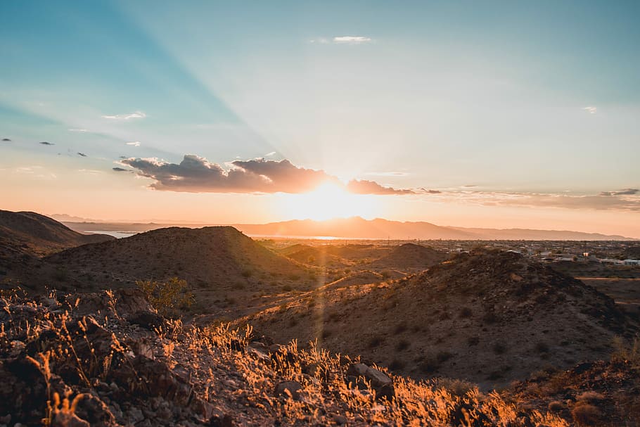 brown mountains under blue sky during daytime, sunrise view, field HD wallpaper