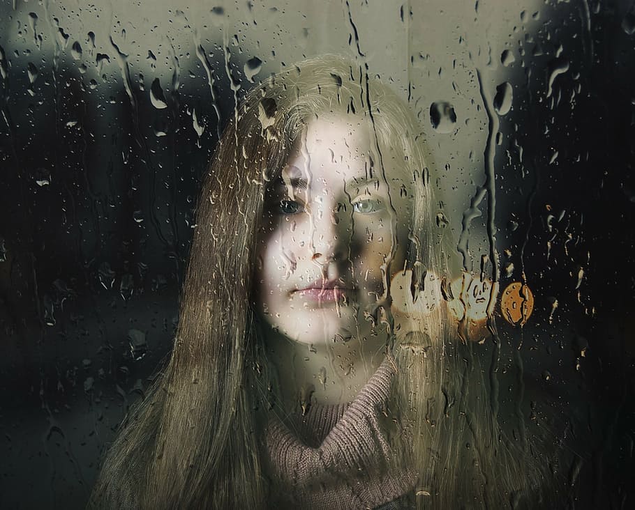 closeup photography of woman behind wet glass, girl, beauty, people
