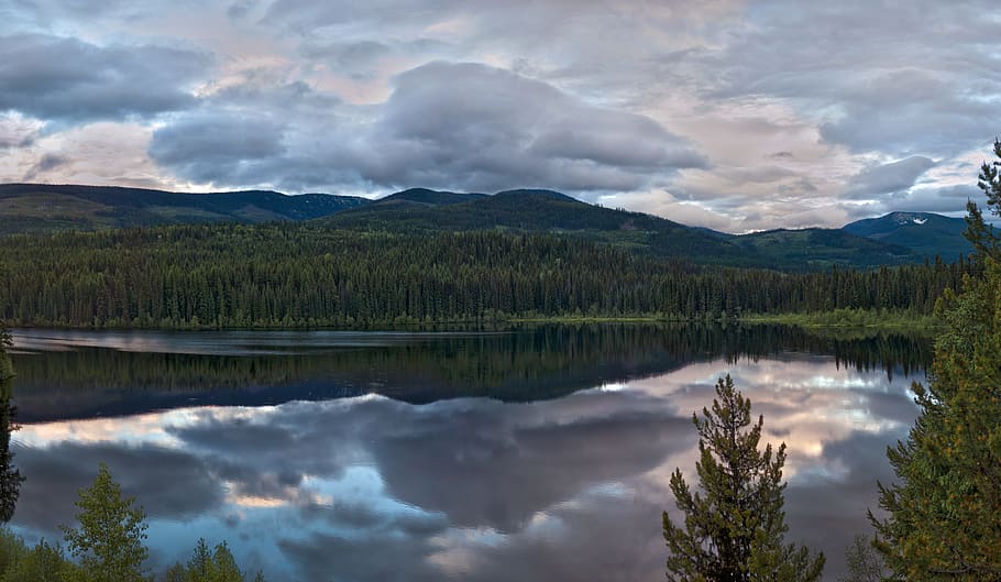 mountains, nature, sky, water, clouds, cloudy, cloudy skies, coniferous HD wallpaper