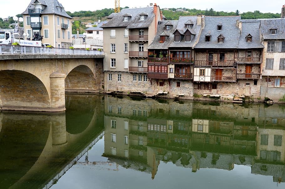 river, reflection, architecture, bridge, espalion, rouergue HD wallpaper