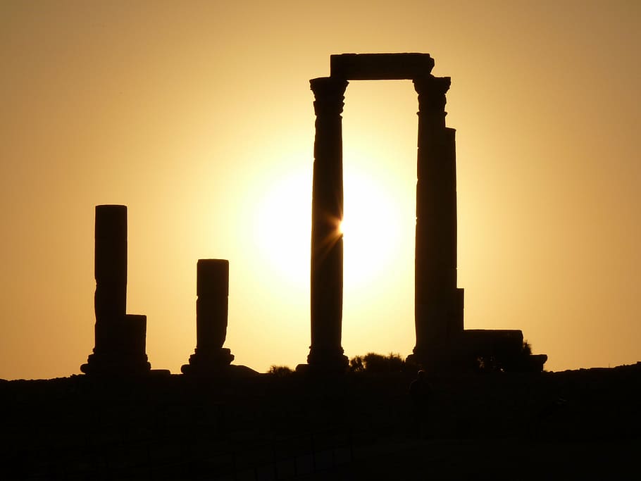silhouette of columns during golden hour, citadel hill, amman, HD wallpaper