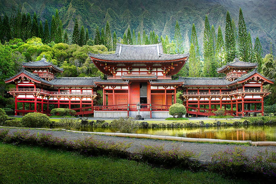 brown and gray temple surrounded by tall tress, red temple surrounded with trees during daytime HD wallpaper