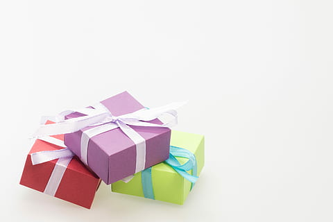 three red, purple and green gift boxes, advent, packages, made HD wallpaper
