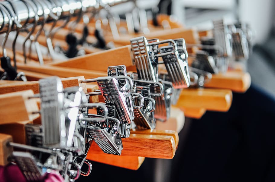 wood, metal, clothes, display, close -up, equipment, hangers HD wallpaper