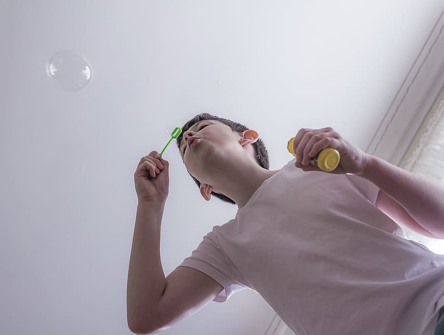 bubbles, blowing, fun, soap, child, blowing bubbles, young HD wallpaper