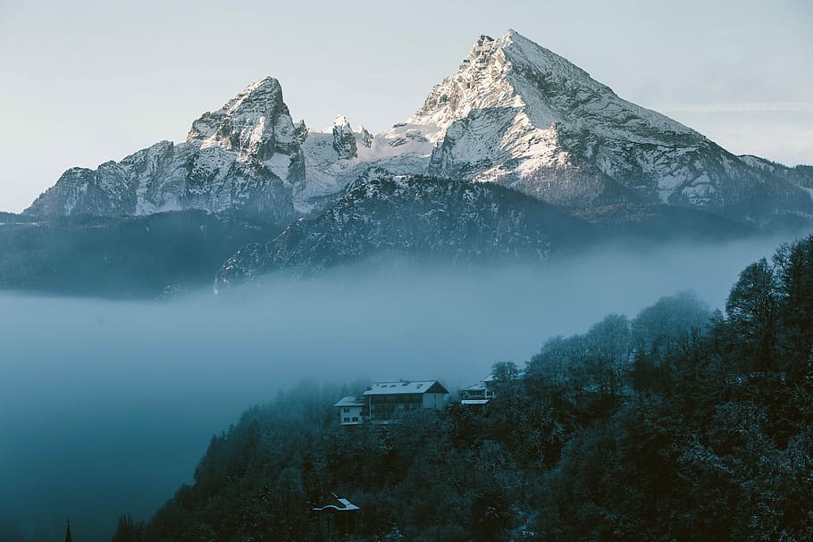 house on trees covered mountain, house on top of heel near mountain HD wallpaper