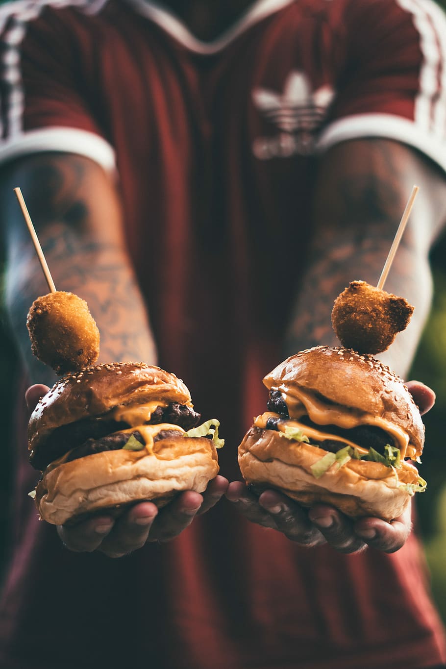person holding two cheese hamburgers, person holding two cheeseburgers HD wallpaper