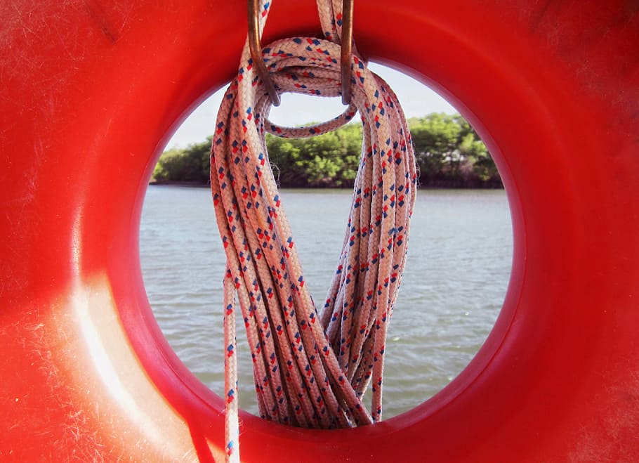 red life buoy, red lifebuoy and white rope, coil, lake, life preserver, HD wallpaper
