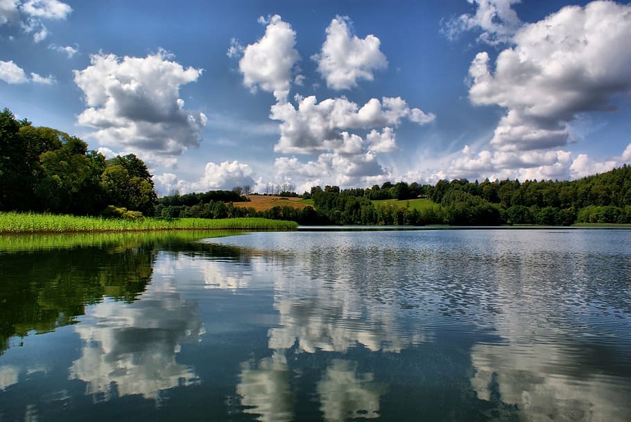 lake, nature, clouds, green, landscape, water, kaszuby, reflection HD wallpaper