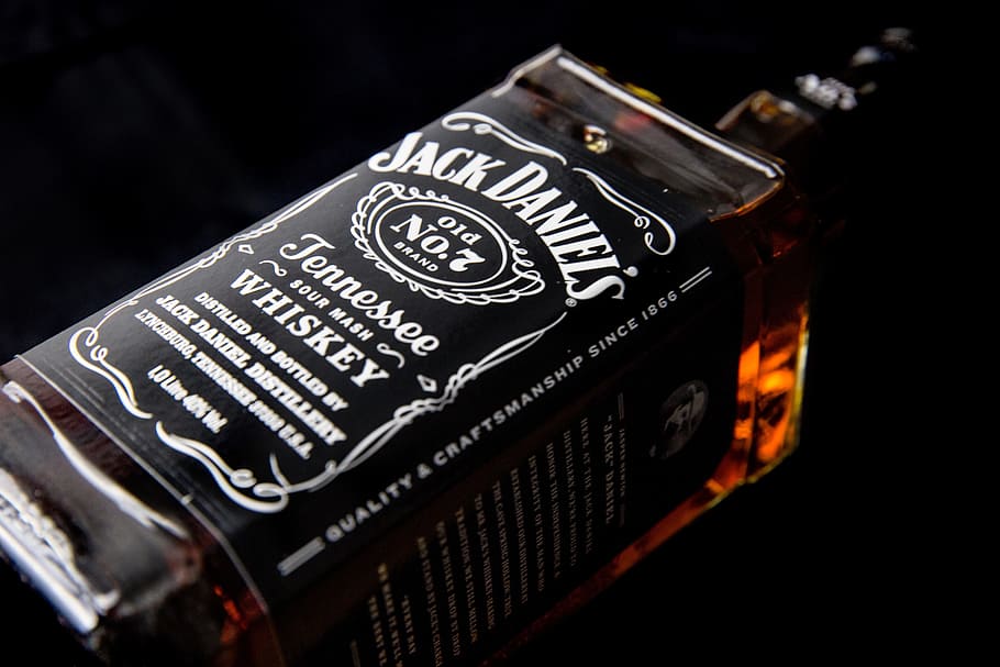 Studio shot of a one litre glass bottle of Jack Daniels whiskey, image captured with a Canon 6D DSLR