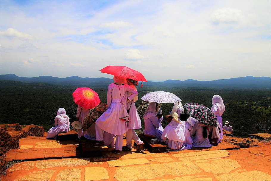 high, umbrellas, boiling hot, panorama, students, costumes