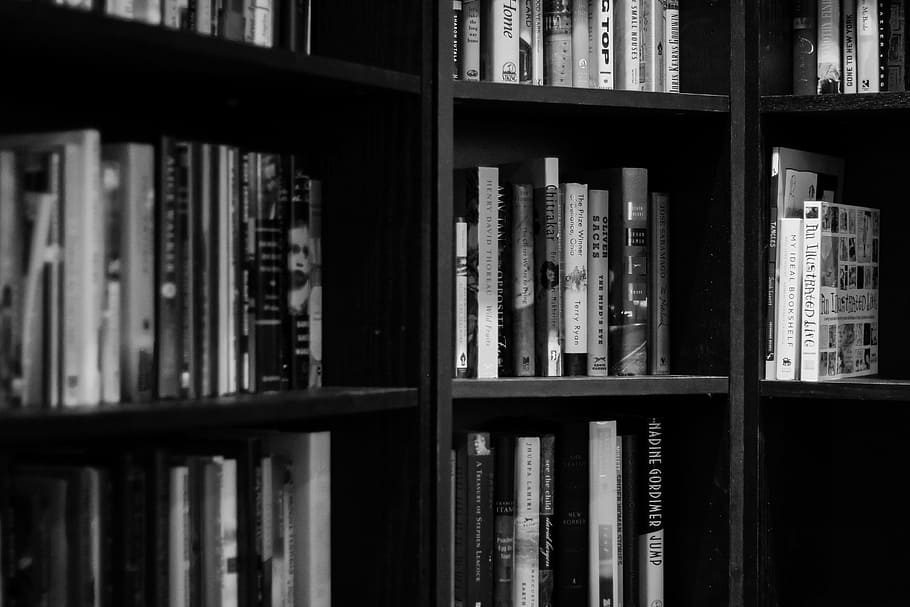 black wooden bookshelves, library, education, school, bookshelf