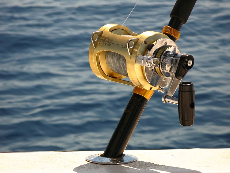 gold spincast reels on holder, deep sea fishing, penn reel, ocean, HD wallpaper