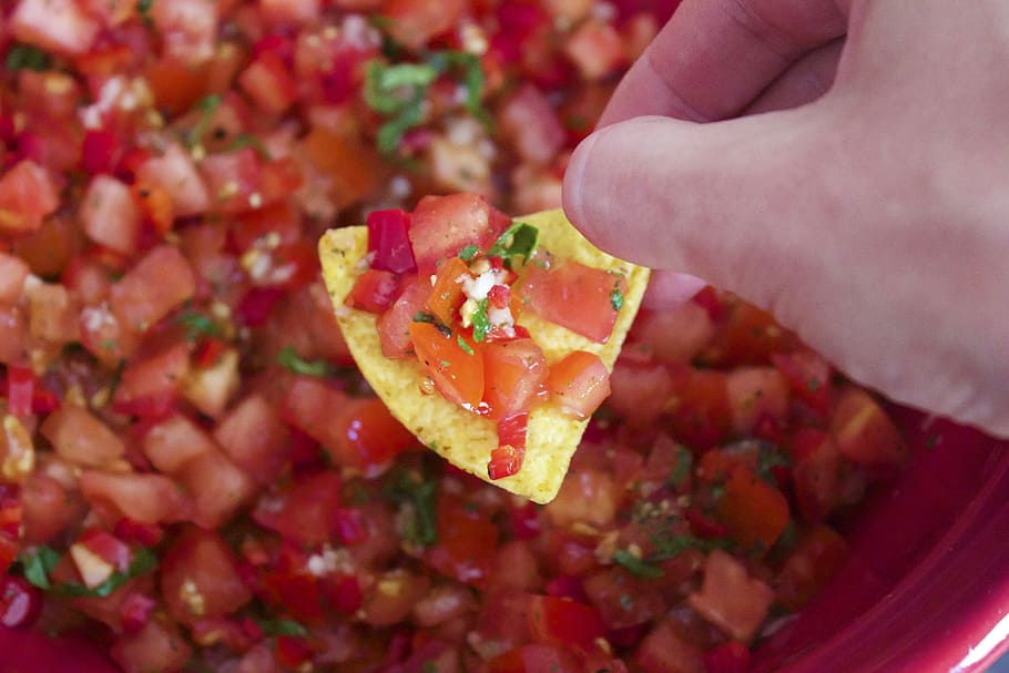 person holding brown tortilla chip, salsa, nachos, mexican HD wallpaper