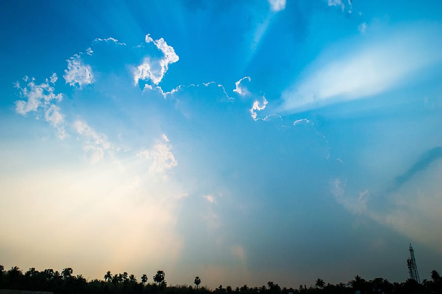 blue sky, clouds, sunrise, sunset, cloud - sky, sunbeam, beauty in nature HD wallpaper