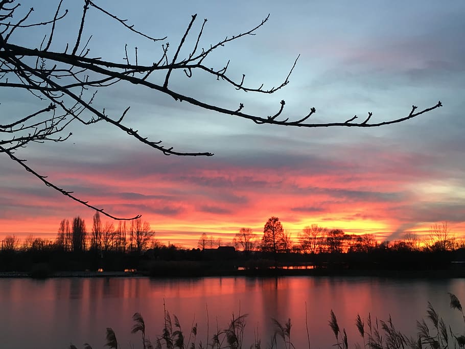 Sunset, Nature, Lake, reflection, dusk, sky, cloud - sky, industry HD wallpaper