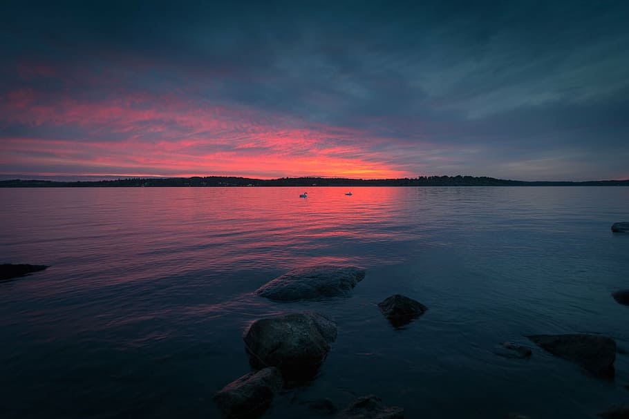 calm sea under gray clouds, body, water, sky, golden, hour HD wallpaper