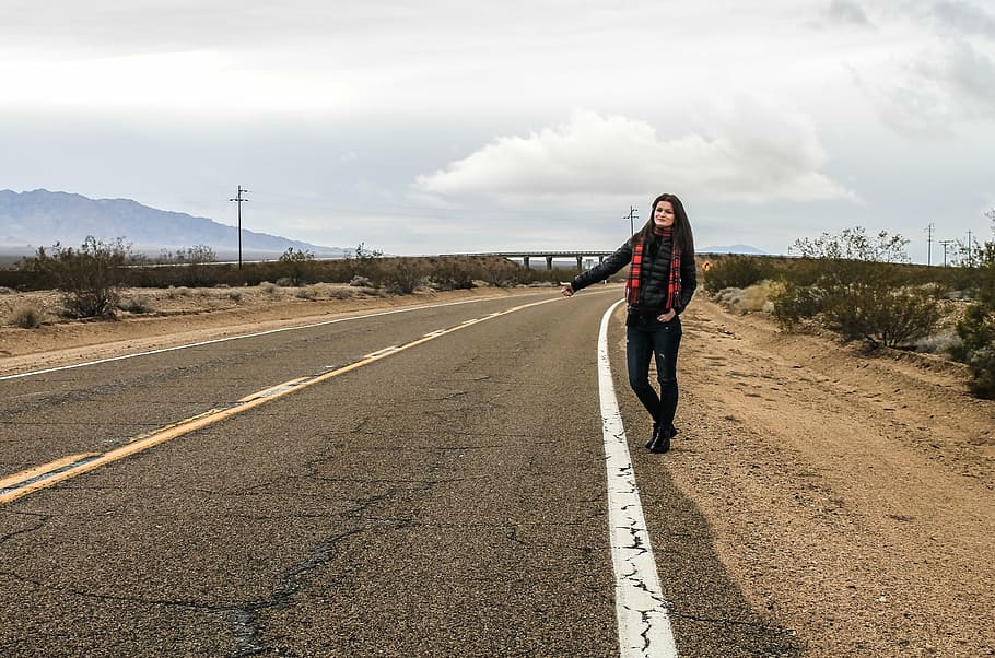 woman standing on roadway during daytime, usa, california, 66, HD wallpaper