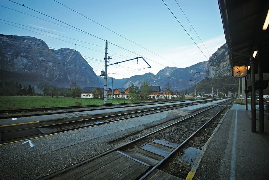 railroad near mountain peak, train, station, tracks, railway HD wallpaper