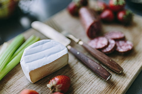 Preparing some appetizer food in the kitchen, cheese, sausage HD wallpaper