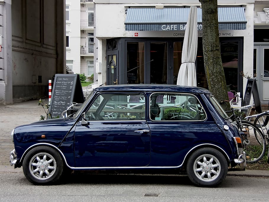 blue 3-door hatchback parked near black tree, auto, alu, alloy wheel, HD wallpaper