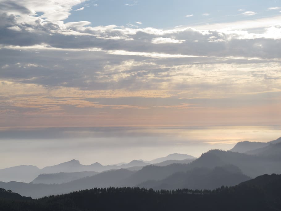 bird's eye photography of mountains covered with fog, sunset HD wallpaper