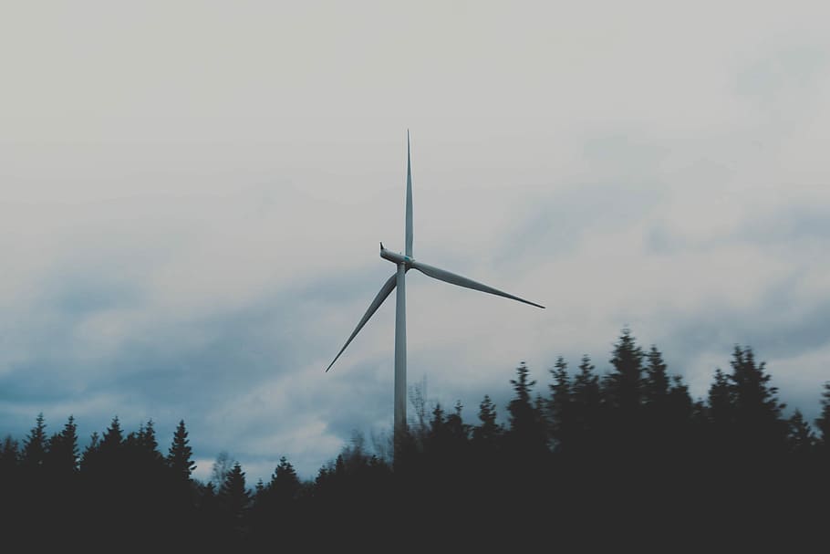 white windmill during cloudy sky, windmill with trees, climate HD wallpaper