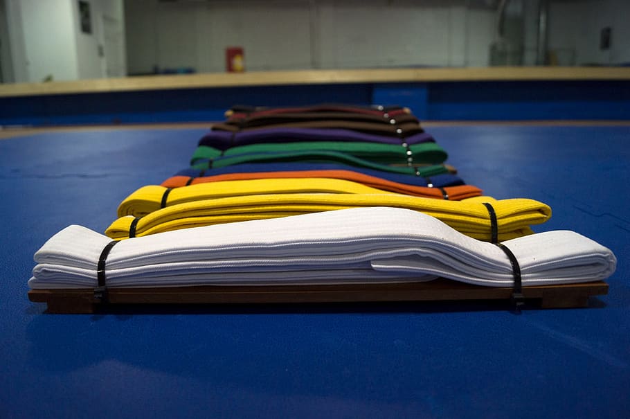 assorted-color karate belt on blue surface inside room, Belts
