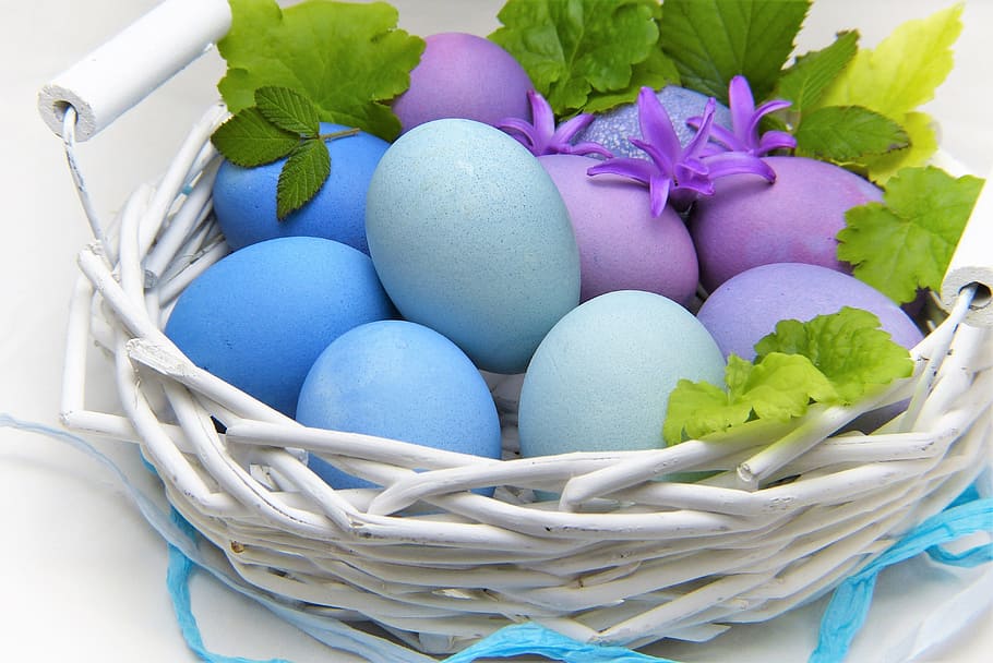 basket of blue and purple easter eggs, food, nature, healthy, HD wallpaper