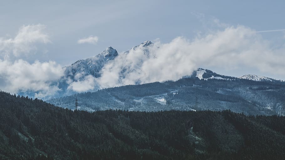 green leaf tree near mountain, green trees on mountain with clouds HD wallpaper