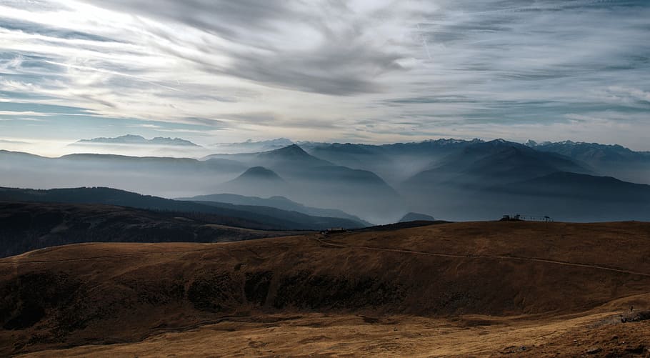 landscape photography of mountain, high-angle photography of mountain range with fog HD wallpaper