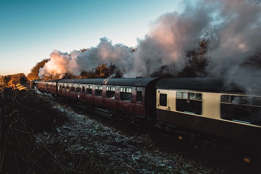trail, train, station, ride, transportation, smoke, windows HD wallpaper
