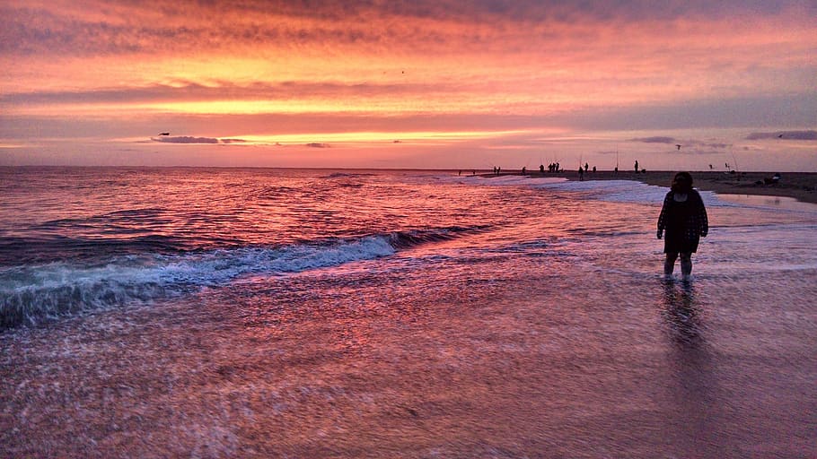 sunset, coastline, beach, sand, waves, wading, surf, nature HD wallpaper