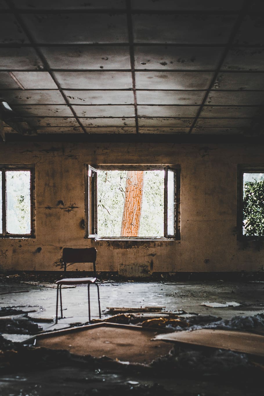 brown chair in abandoned house, open window on abandoned building HD wallpaper